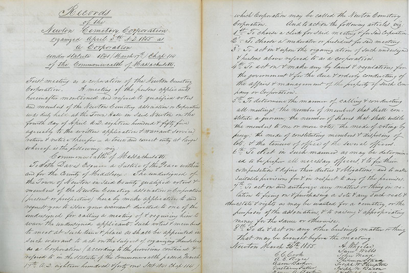 Document from when Newton Cemetery was formed